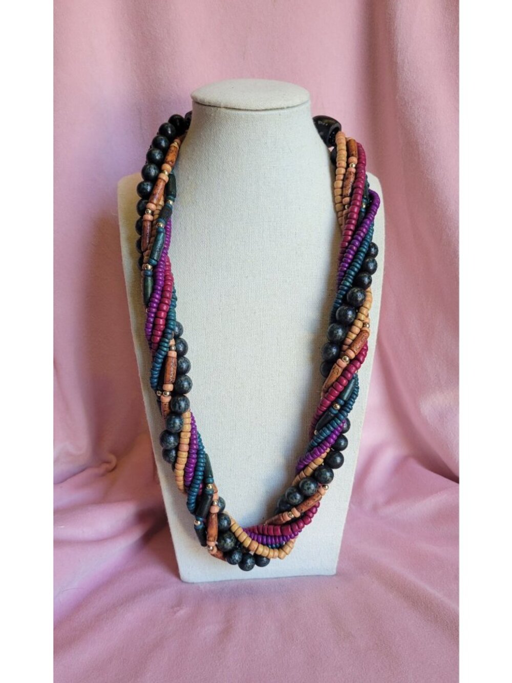 Multicolor Twisted Layered Faux Wooden Beaded Bulky Necklace N1C